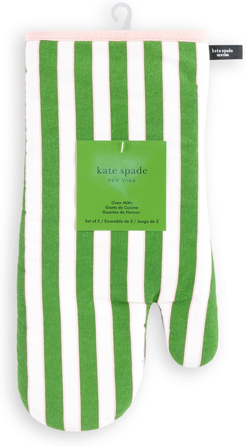 kate spade new york Botanical Stripe Oven Mitt 2-Pack Set, 7" x 13", Green/Pink
