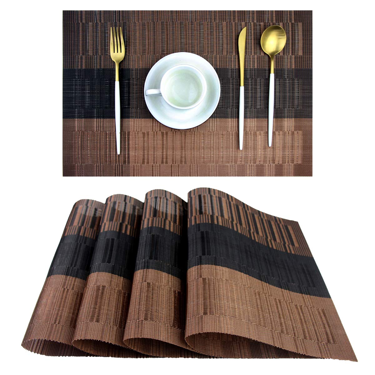 PIGCHCY Placemats,Washable Vinyl Woven Table Mats,Elegant Durable Placemats for Dining Table Set of 6 (Bamboo-Brown)