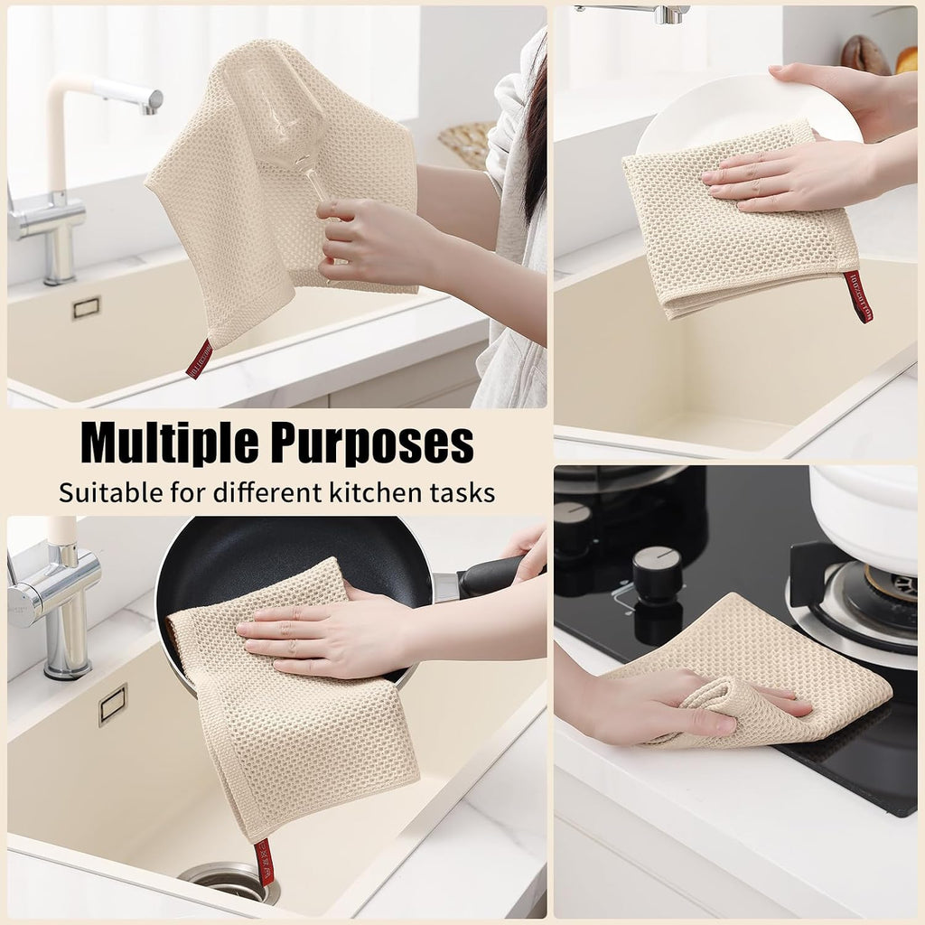 Kitinjoy 100% Cotton Kitchen Towels and Dishcloths Set, 8 Pack- Beige