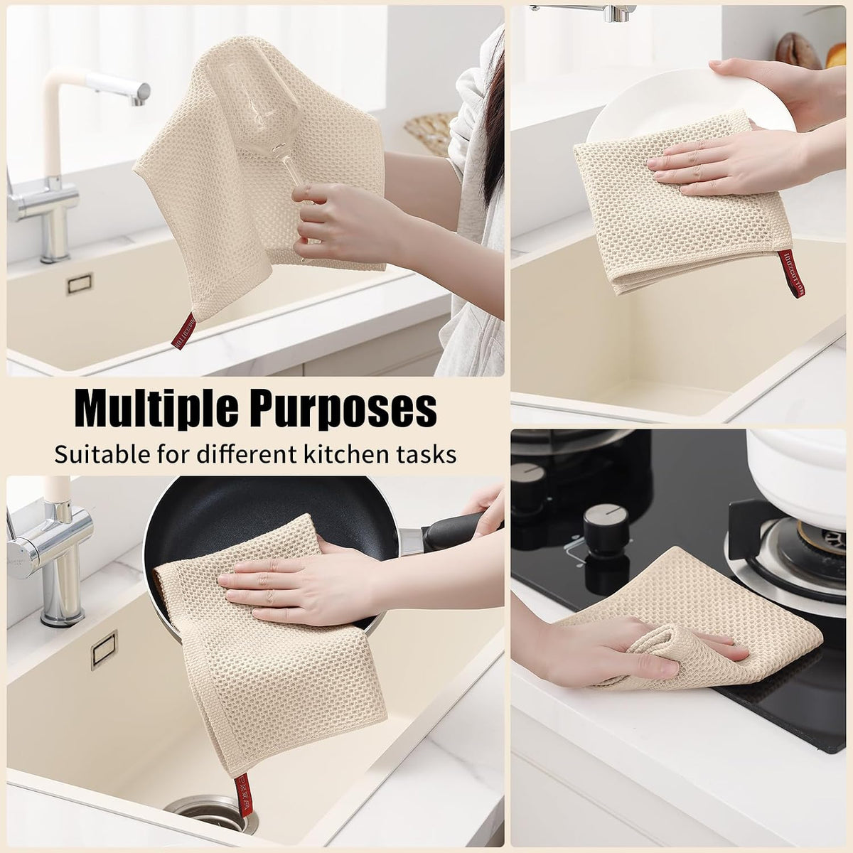 Kitinjoy 100% Cotton Kitchen Towels and Dishcloths Set, 8 Pack- Beige