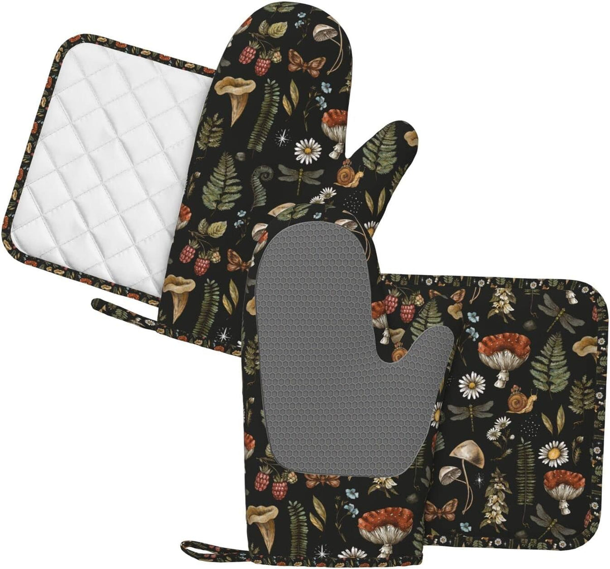 Mushroom Oven Mitts Pot Holders Set Silicone Vintage Magic Leaf Kitchen Gloves Potholders Heat Resistant for Chef Baking Cooking Grilling BBQ 4 Pack Mitt