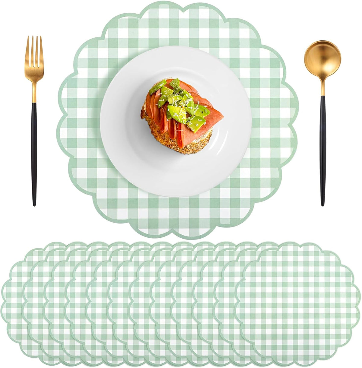60 Pcs Sage Green Gingham Paper Placemats, Scalloped Checkered Place Mats