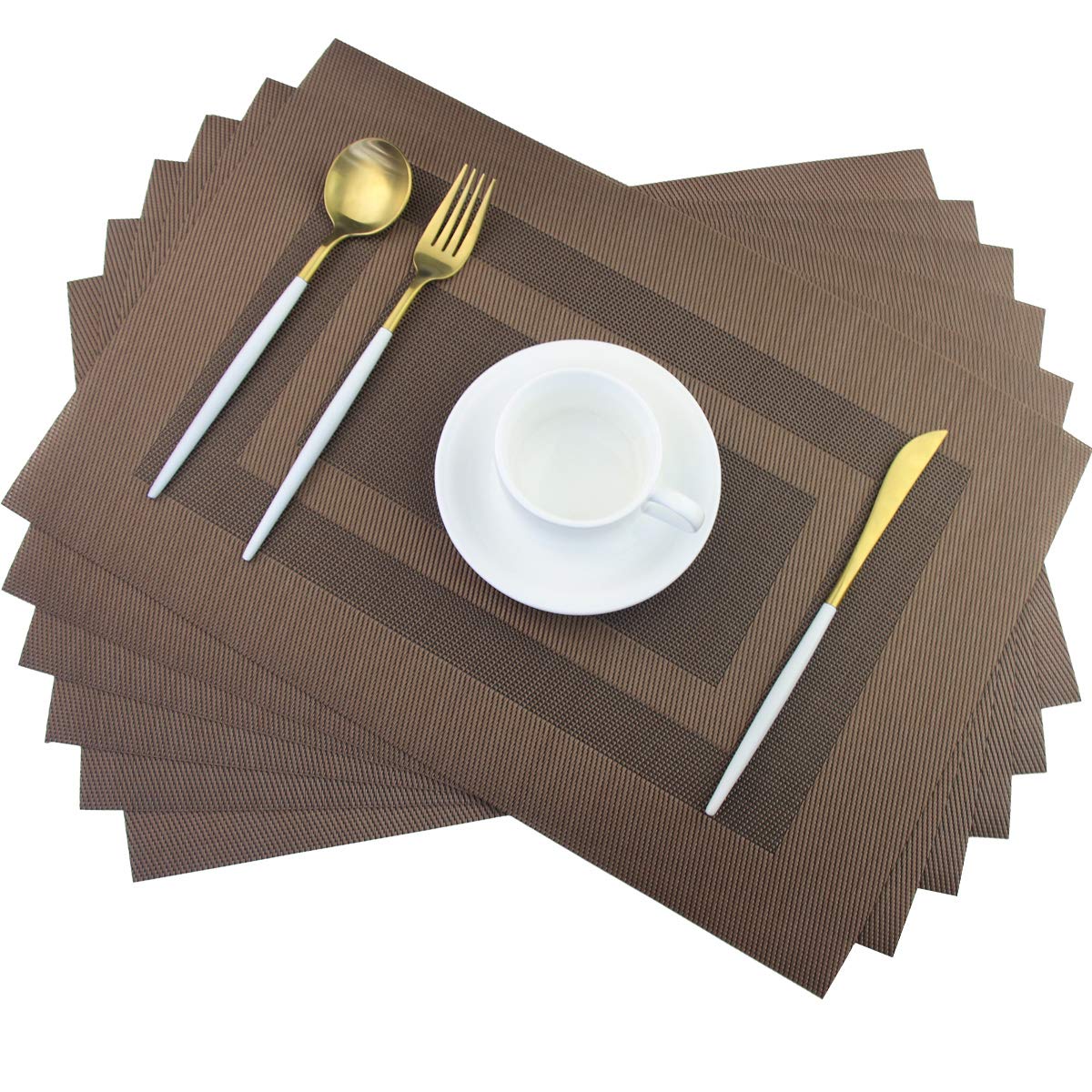 PIGCHCY Placemats,Washable Vinyl Woven Table Mats,Elegant Durable Placemats for Dining Table Set of 6 (Bamboo-Brown)