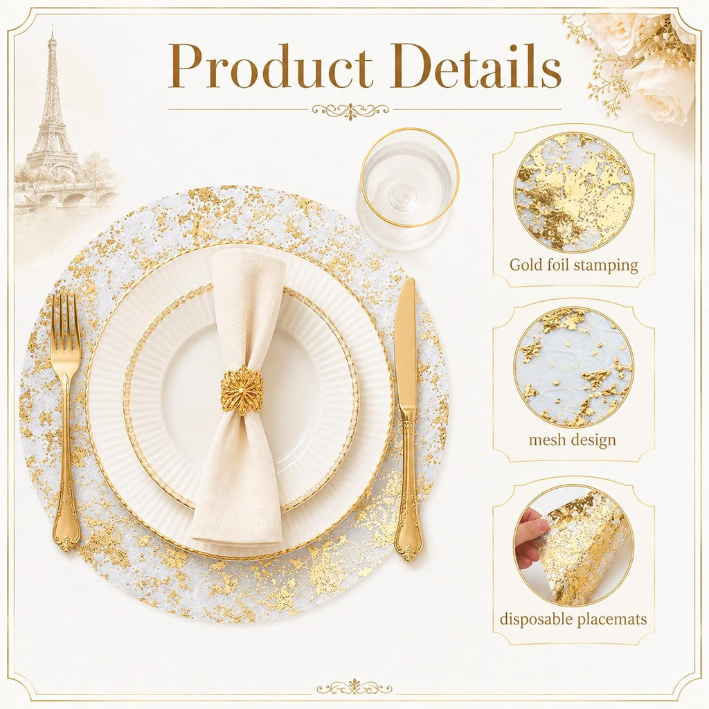 250Pcs 13'' Gold Foil Placemat Disposable, Mesh Pressed Table Doilies