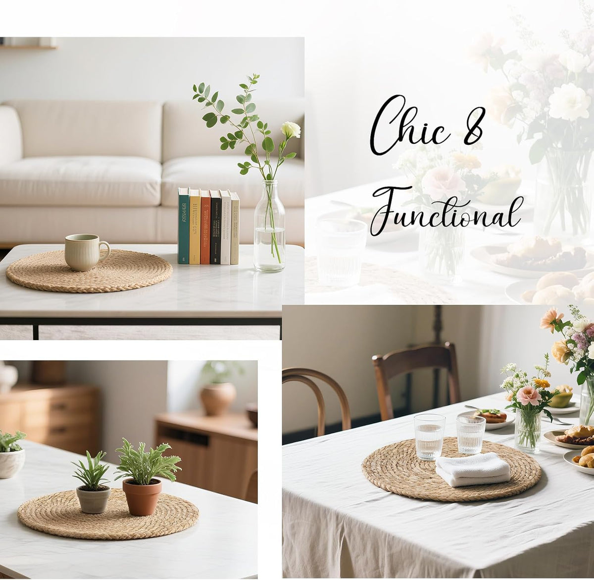 13" Round Placemats Set of 12, Rattan Place Mats for Dining Table Decor, Rustic Woven Wicker Chargers for Dinner Plates, Outdoor Patio, Farmhouse Wedding, Boho Water Hyacinth Braided Placemat