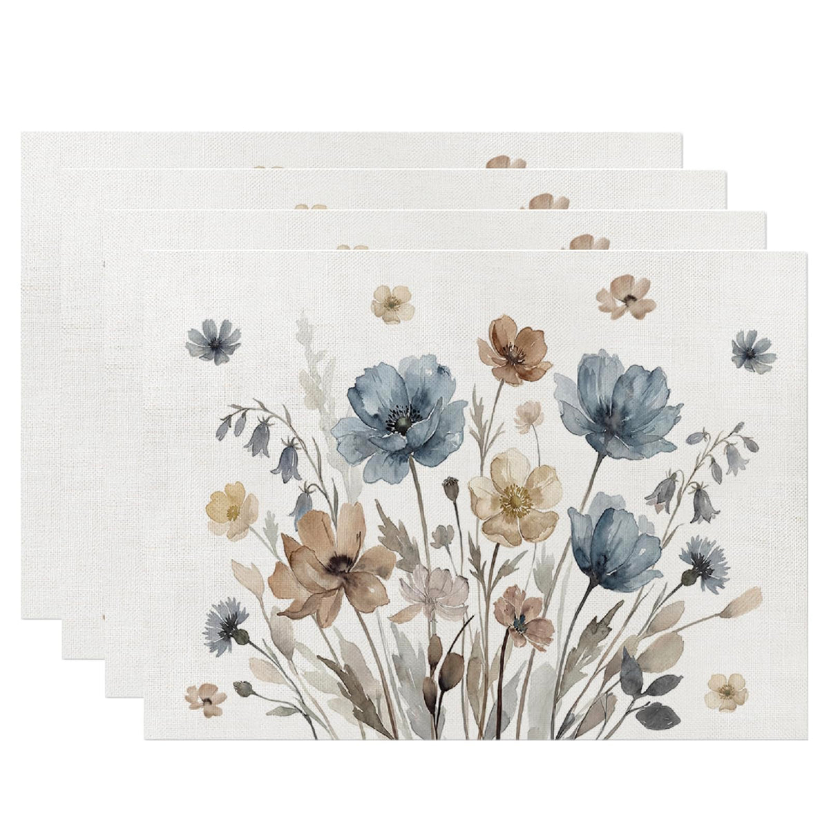 Blue Leaves Watercolor Placemats Set of 4, 12x18 Inch Spring Summer Leaves Table Place Mats for Kitchen Dining Home Party Decor