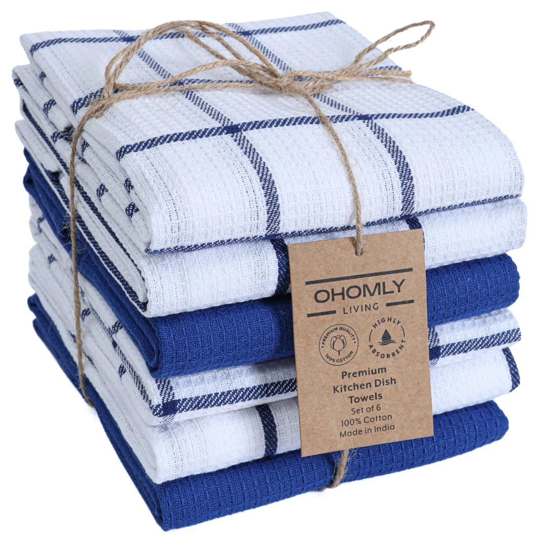 Assorted Waffle Kitchen Towels Set of 6-100% Cotton Dish Cloths Towels with Hanging Loop - Soft, Absorbent & Washable for Kitchen Use - Quick Drying Dish Towels 16x26 Inch Grey