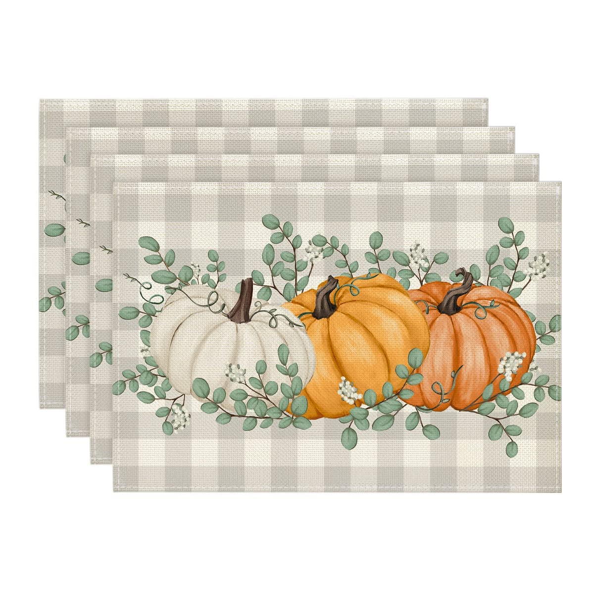 Artoid Mode Pumpkins Eucalyptus Leaves Fall Placemats Set of 4, 12x18 Inch Autumn Thanksgiving Harvest Vintage Table Mat for Party Dining Decoration