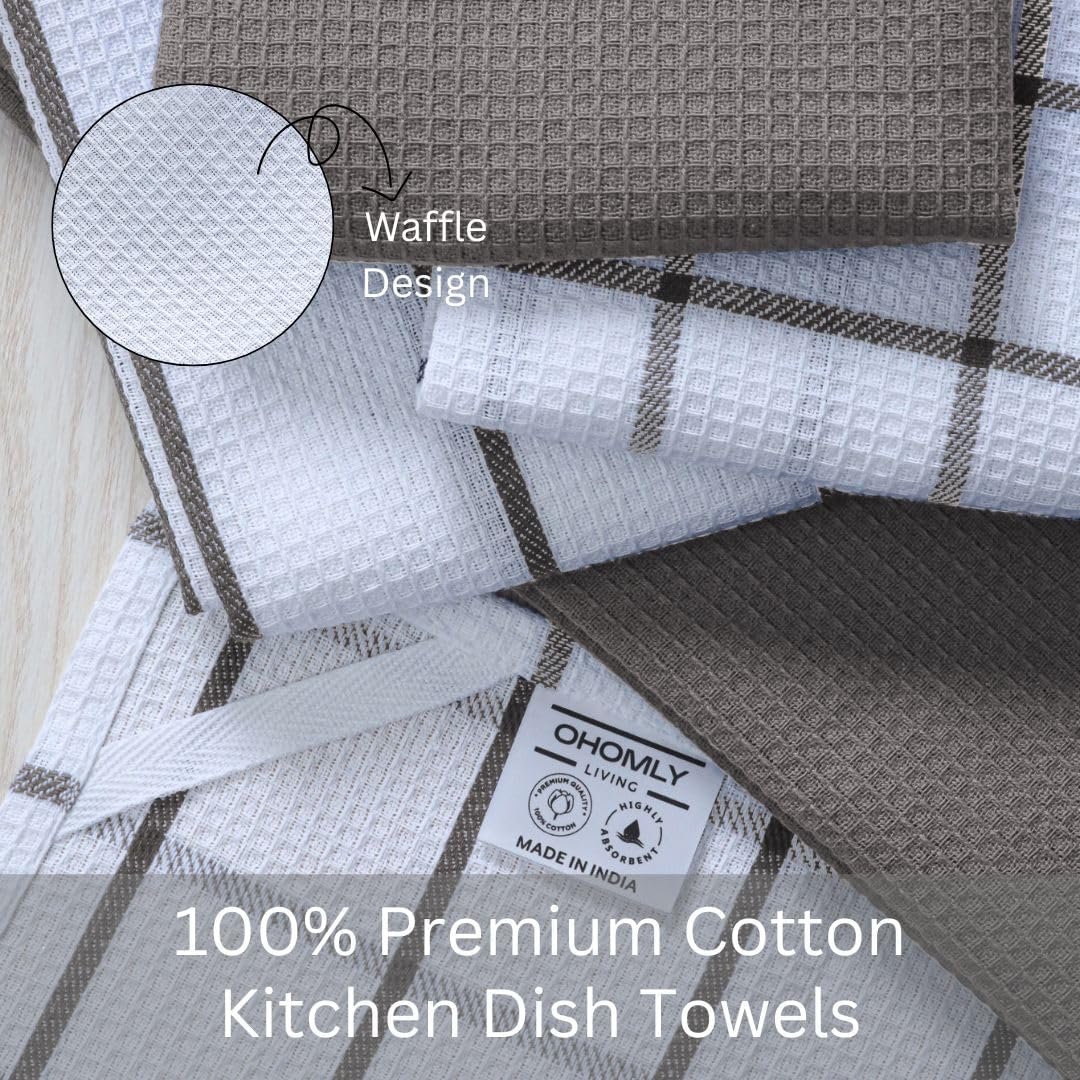 Assorted Waffle Kitchen Towels Set of 6-100% Cotton Dish Cloths Towels with Hanging Loop - Soft, Absorbent & Washable for Kitchen Use - Quick Drying Dish Towels 16x26 Inch Grey