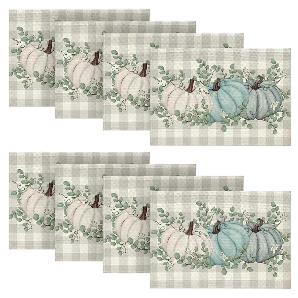 Artoid Mode Pumpkins Eucalyptus Leaves Fall Placemats Set of 4, 12x18 Inch Autumn Thanksgiving Harvest Vintage Table Mat for Party Dining Decoration