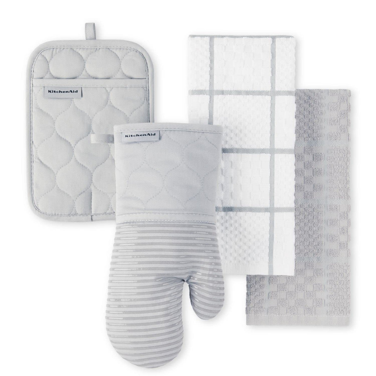 KITCHENAID Quilted Cotton Terry Cloth Oven Mitt, Pot Holder, Kitchen Towel 4-Pack Set, Heat Resistant, Silicone Grip, 16"x26", 7"x13" & 7"x10", Milkshake Tan