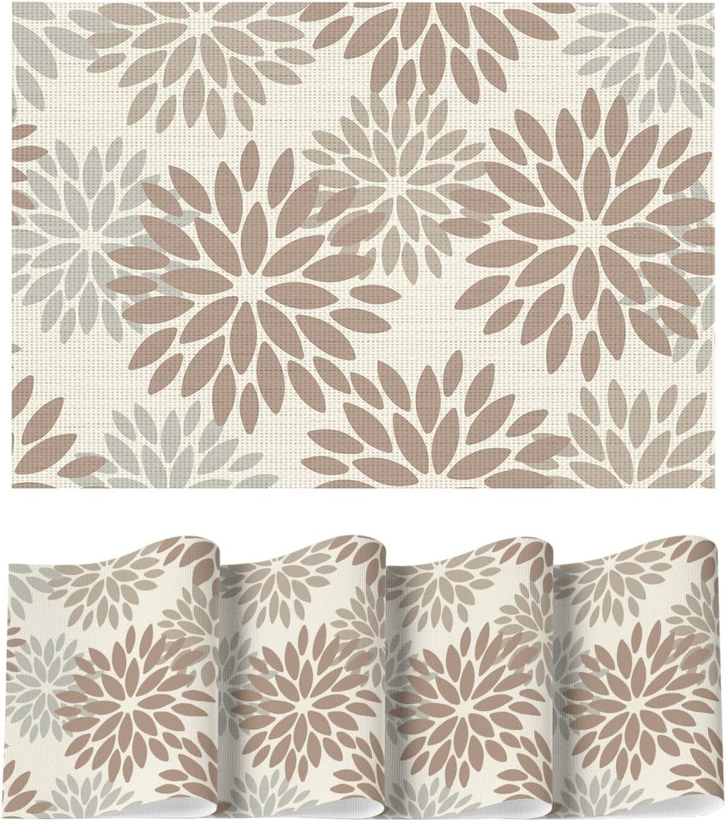 Artoid Mode Floral Vinyl Placemats Set of 4, 12x18 Inch Washable Non-Slip Plastic Vinyl Place Mats for Party Kitchen Dining Decor, Brown