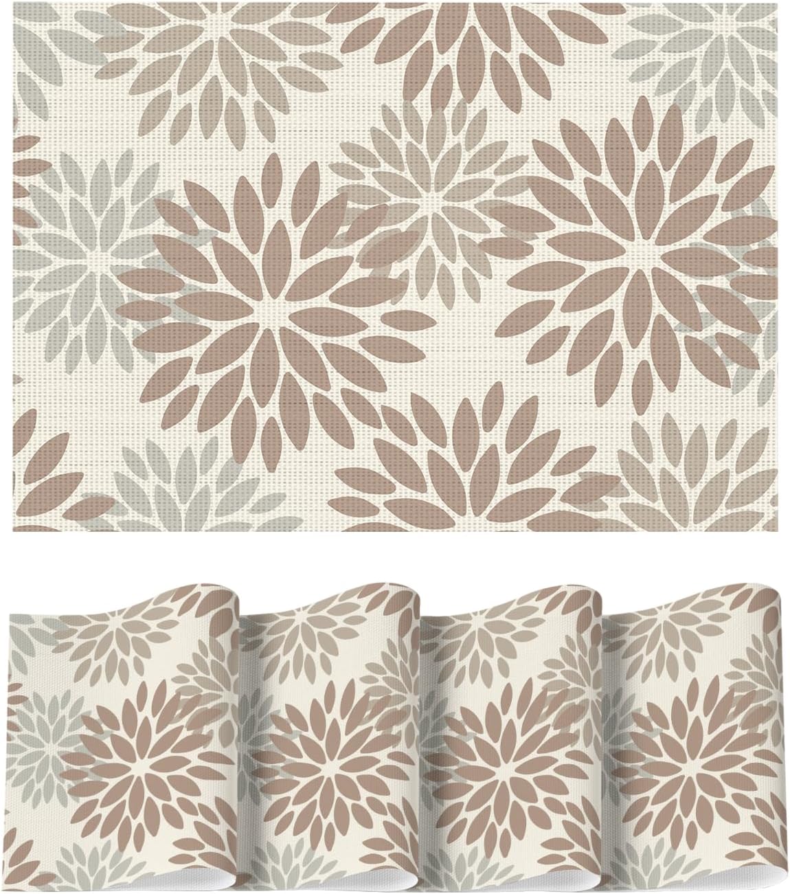 Artoid Mode Floral Vinyl Placemats Set of 4, 12x18 Inch Washable Non-Slip Plastic Vinyl Place Mats for Party Kitchen Dining Decor, Brown