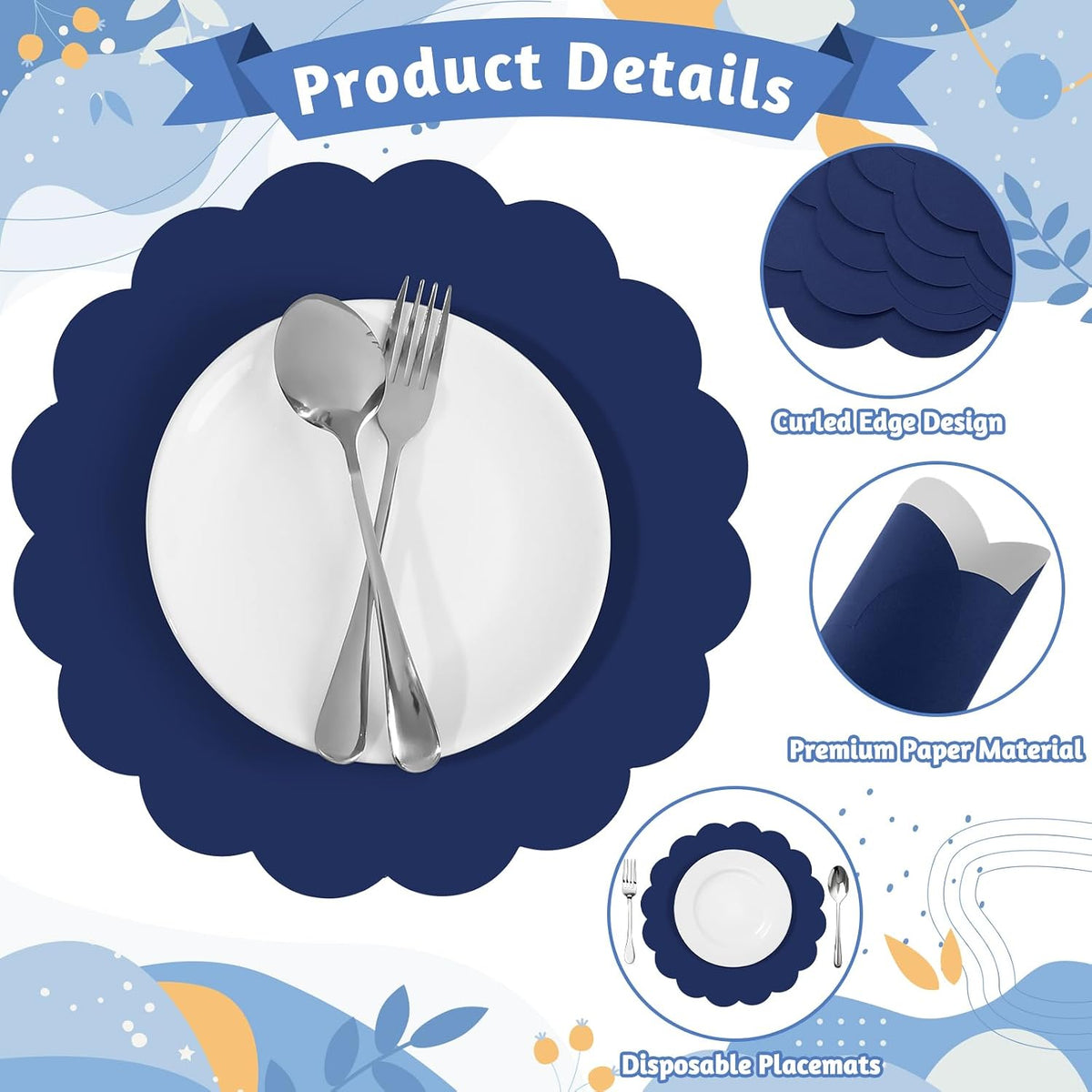 60 Pcs Navy Blue Paper Placemats, 13.5 Inch Disposable Scalloped Place Mat