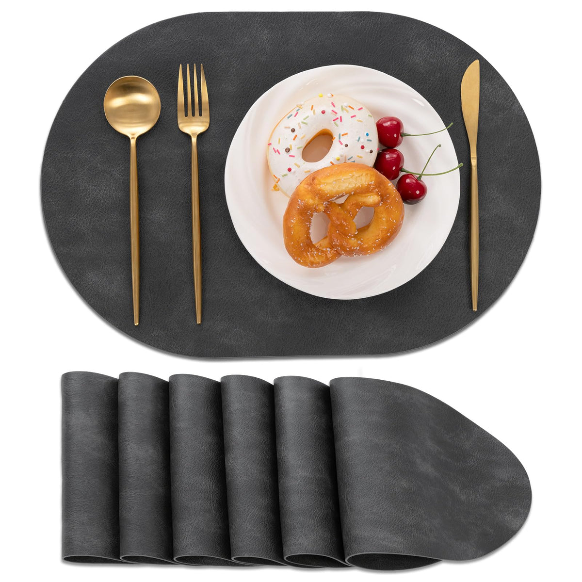 SHACOS Faux Leather Oval Placemats Set of 6 Heat Resistant, White Oak Beige