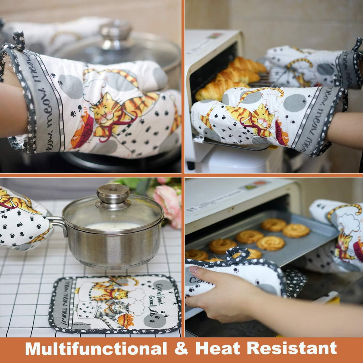 Oven Mitts and Pot Holders Sets, Funny Kitchen Oven Mitts Heat Resistant of 500 Degrees, Pure Cotton Hot Pads and Oven Mitts Sets for Baking,Cooking,BBQ Grilling-White Cat(4Pcs Set)