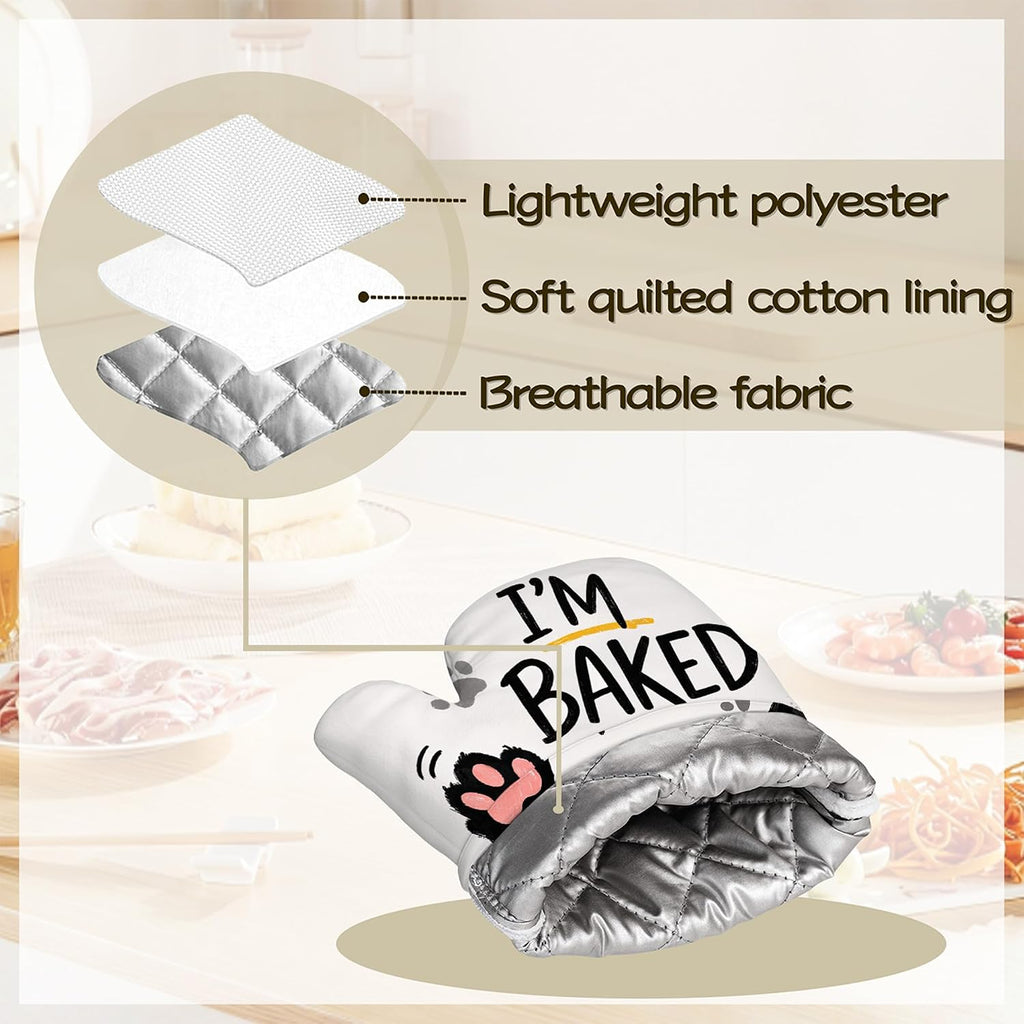 Funny Baker Black Cat Oven Mitts and Pot Holders Sets of 4 PCS, I’M Baked Too Oven Gloves Potholder for Kitchen Cooking Baking BBQ Heat Resistant