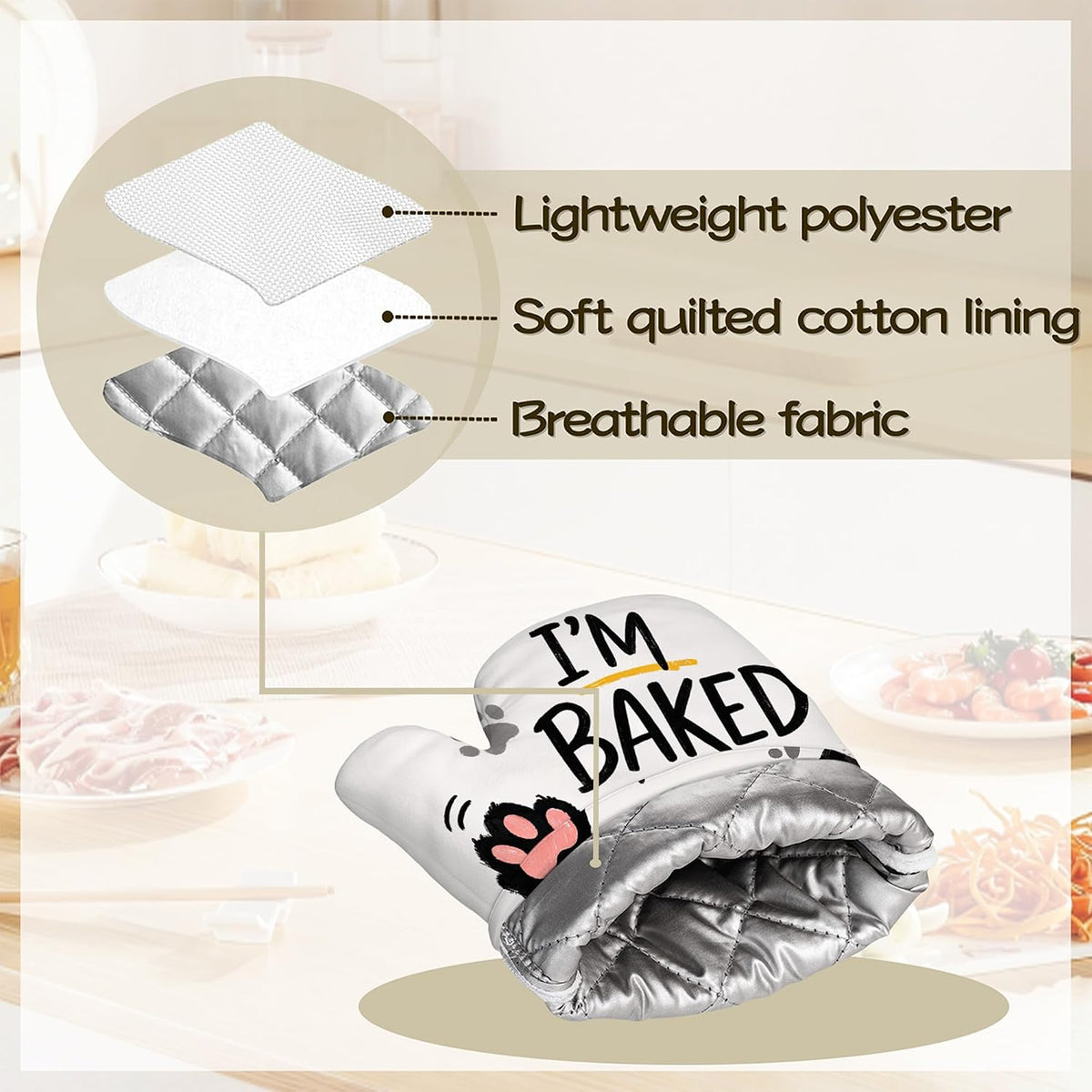 Funny Baker Black Cat Oven Mitts and Pot Holders Sets of 4 PCS, I’M Baked Too Oven Gloves Potholder for Kitchen Cooking Baking BBQ Heat Resistant