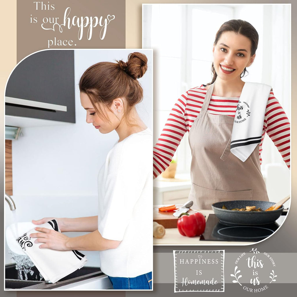 Honoson 4 Pack Black Stripe Kitchen Towels with Home Sweet Home Print