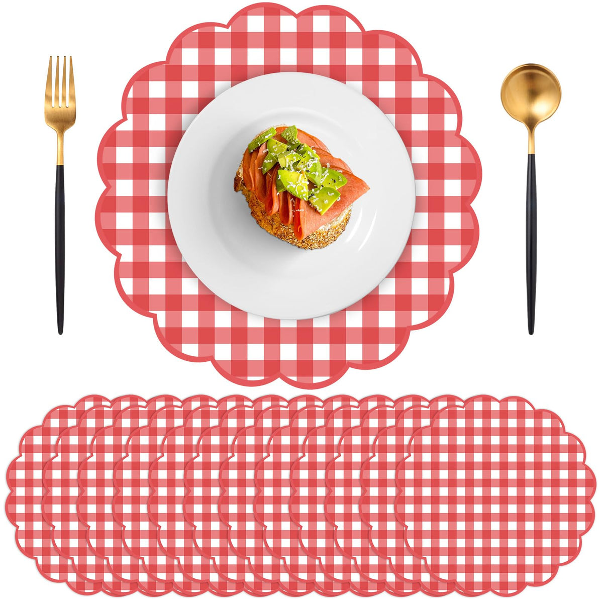 60 Pcs Sage Green Gingham Paper Placemats, Scalloped Checkered Place Mats