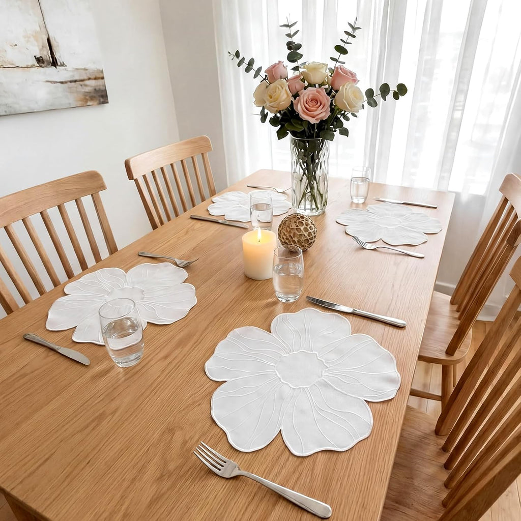 Set of 6 Elegant Floral Placemat 16'' Flower Shaped Place Mat (White)