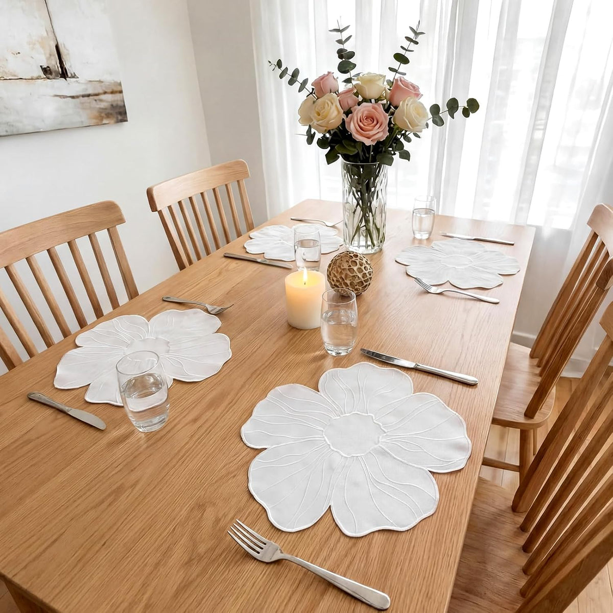 Set of 6 Elegant Floral Placemat 16'' Flower Shaped Place Mat (White)