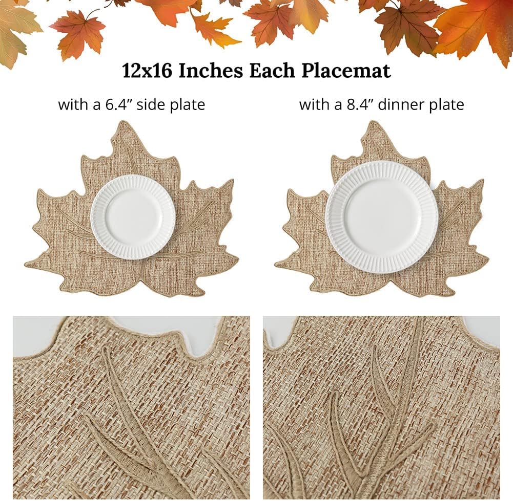 Feuille Fall Placemats Set of 4 – Leaf Placemats for Thanksgiving Harvest Natural Color Burlap, Polyester Autumn Placemats for Fall Decorations