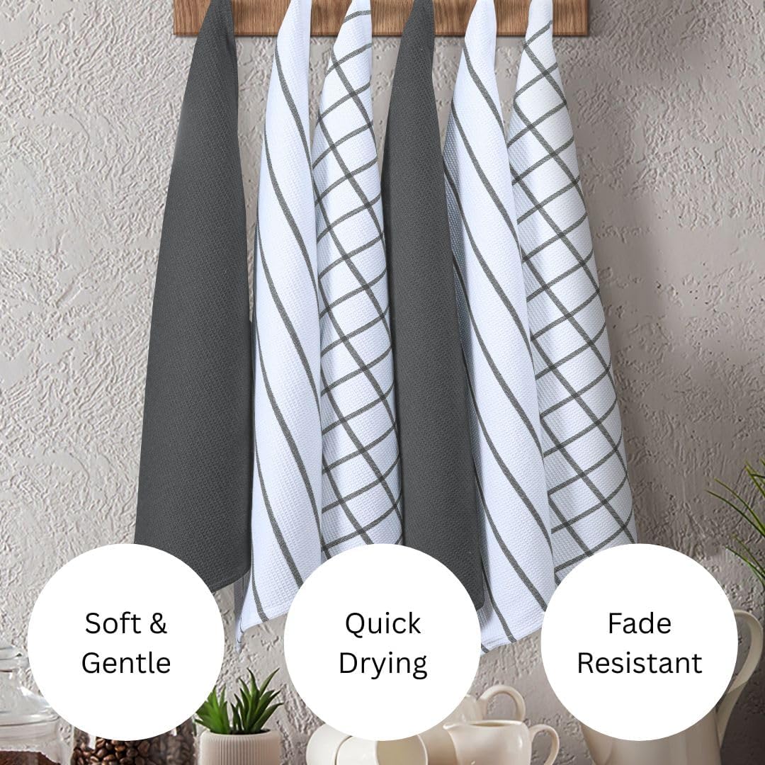 Assorted Waffle Kitchen Towels 100% Cotton Set of 6 - Heavy Duty 320 GSM Quality Dish Cloths Towel - Soft Absorbent Washable for Kitchen Use - Quick Drying Dish Towel 16x26 inch Grey