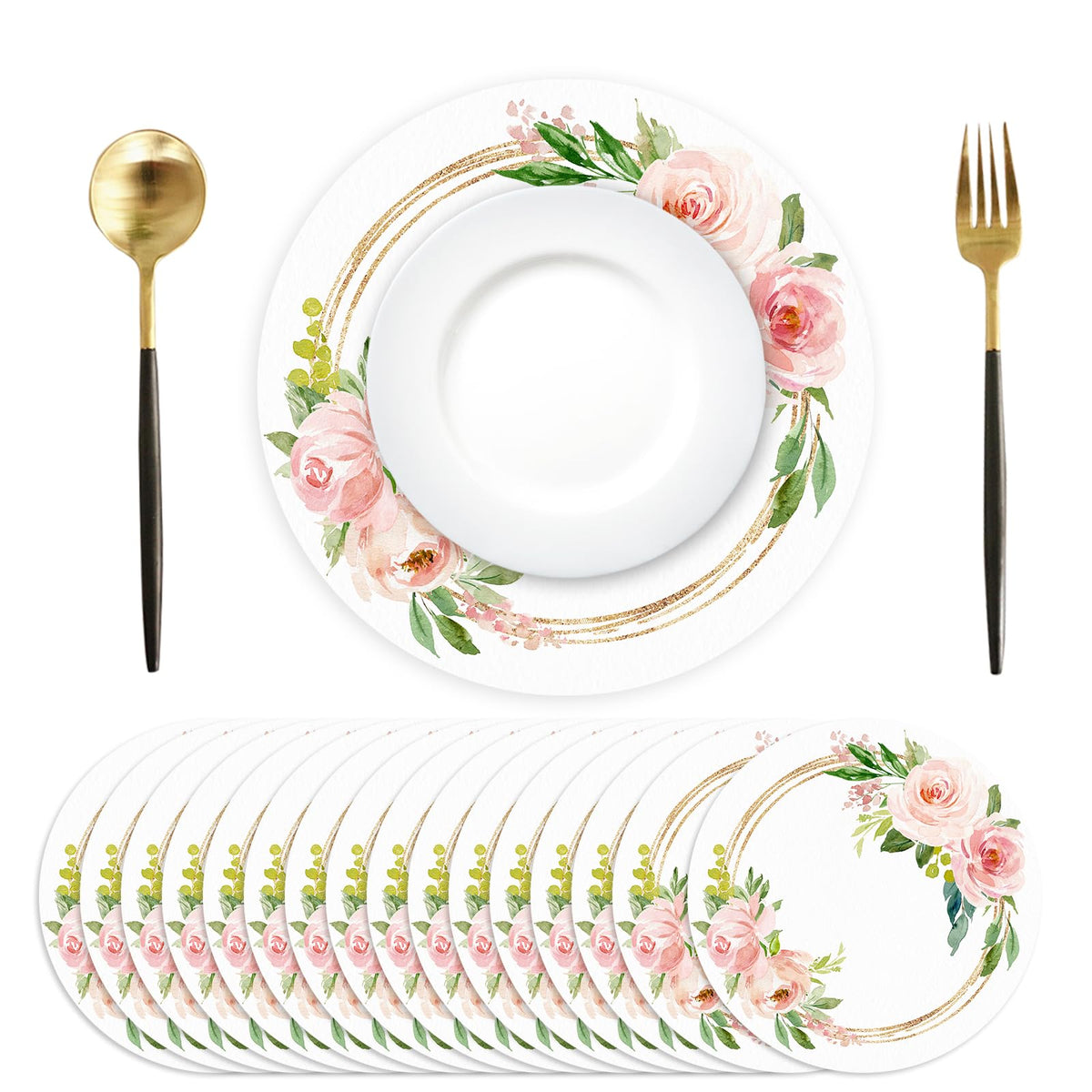 100 Pack Paper Placemats Disposable Pink Floral Wedding Disposable Placemats 13.7 Inch Rose Floral Round Place Mats Spring Summer Table Mats for Birthday Wedding Anniversary Bride Party Supplies