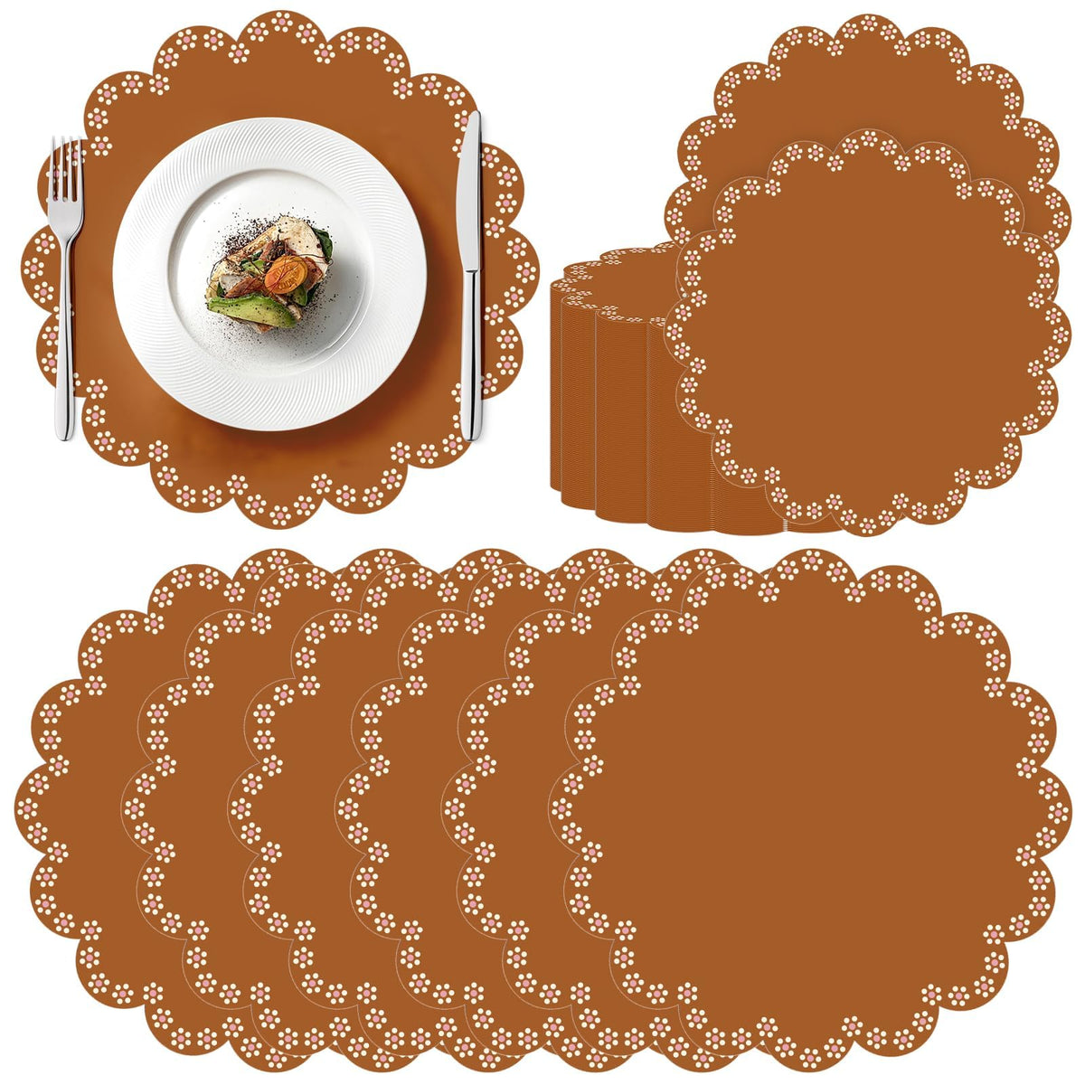 100 Pcs Fall Floral Paper Placemats 13.5 Inches Scalloped Brown Floral Paper Placemats Disposable Autumn Wildflower Place Mats for Wedding Bridal Baby Shower Thanksgiving Harvest Party Supplies