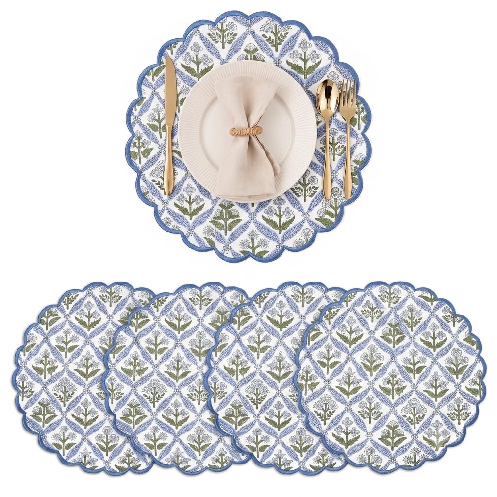 Ridhi Floral Block Print Round Placemats 15" in, Set of 4, Powder Blue