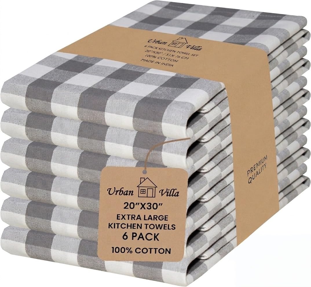 Urban Villa Kitchen Towels Cotton Dish Towels 12”x12” (Set of 8) Grey White