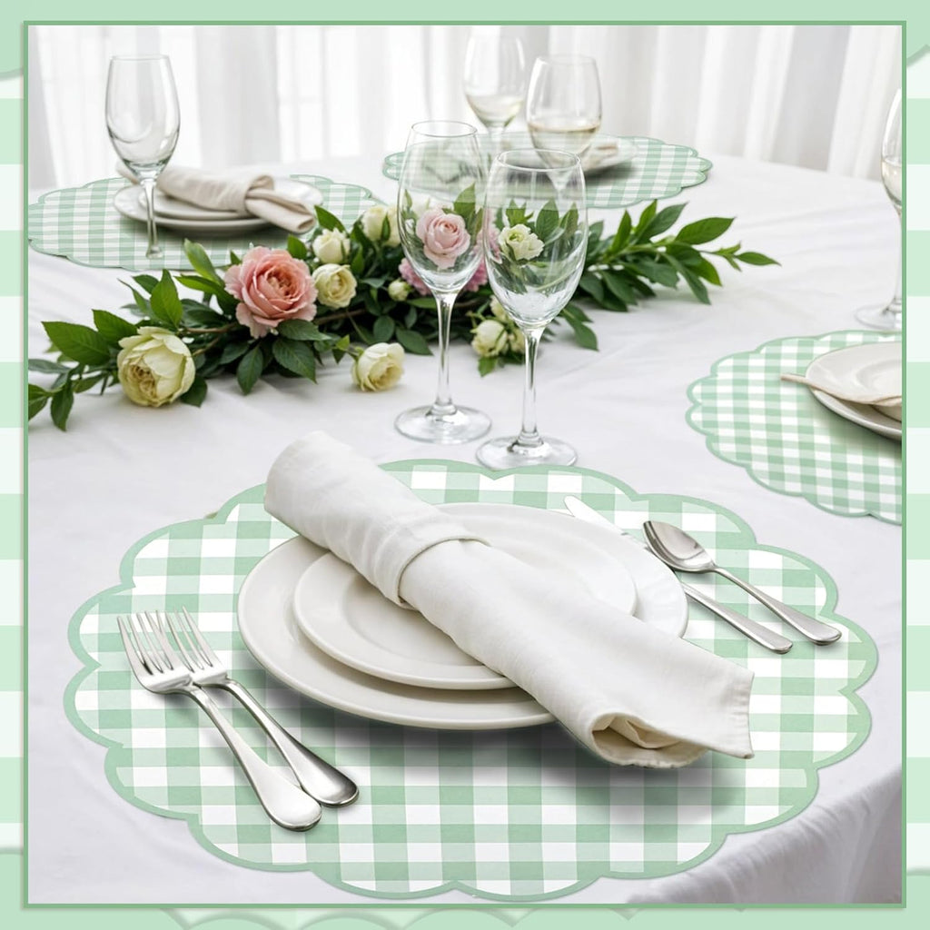 60 Pcs Sage Green Gingham Paper Placemats, Scalloped Checkered Place Mats