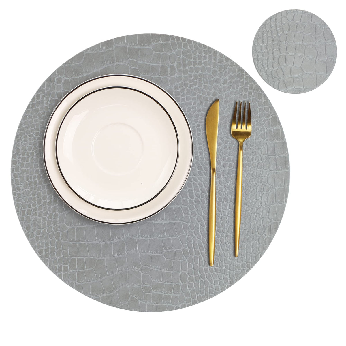 Round Leather Placemats for Round Tables Set of 4, Black Place Mats and Coasters, Washable Easy to Care for Indoor Decor 13" Diameter