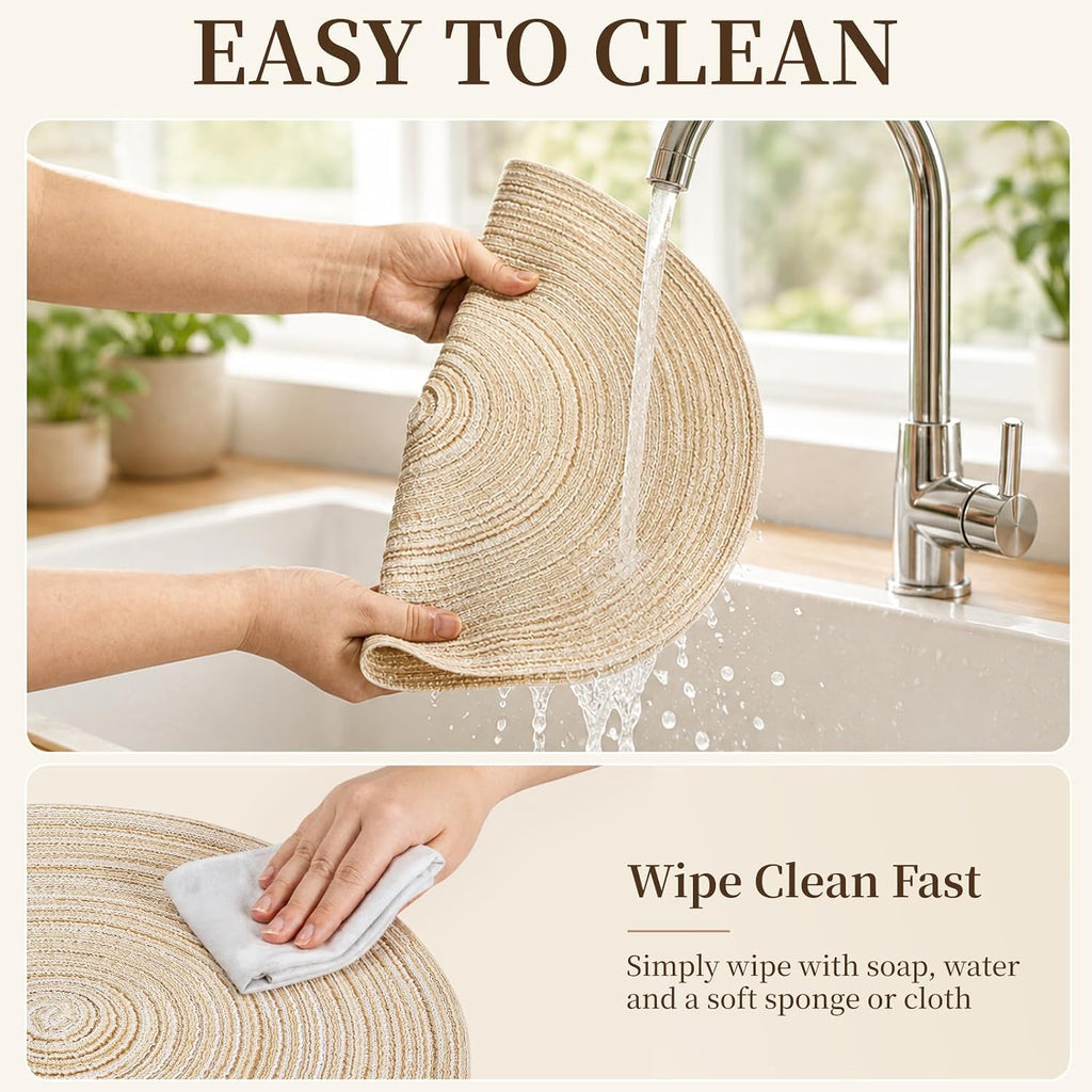 TaroKitc Round Placemats Set of 4, 15 inch, Beige, Cotton Polyester