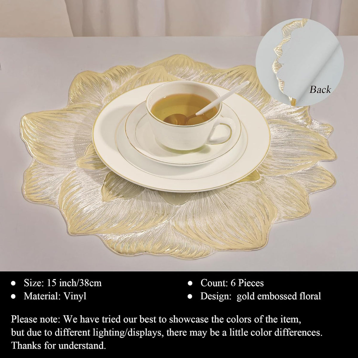 Gold Placemats Set of 6, Creative 3D Flower Placemats Waterproof Oil-Proof