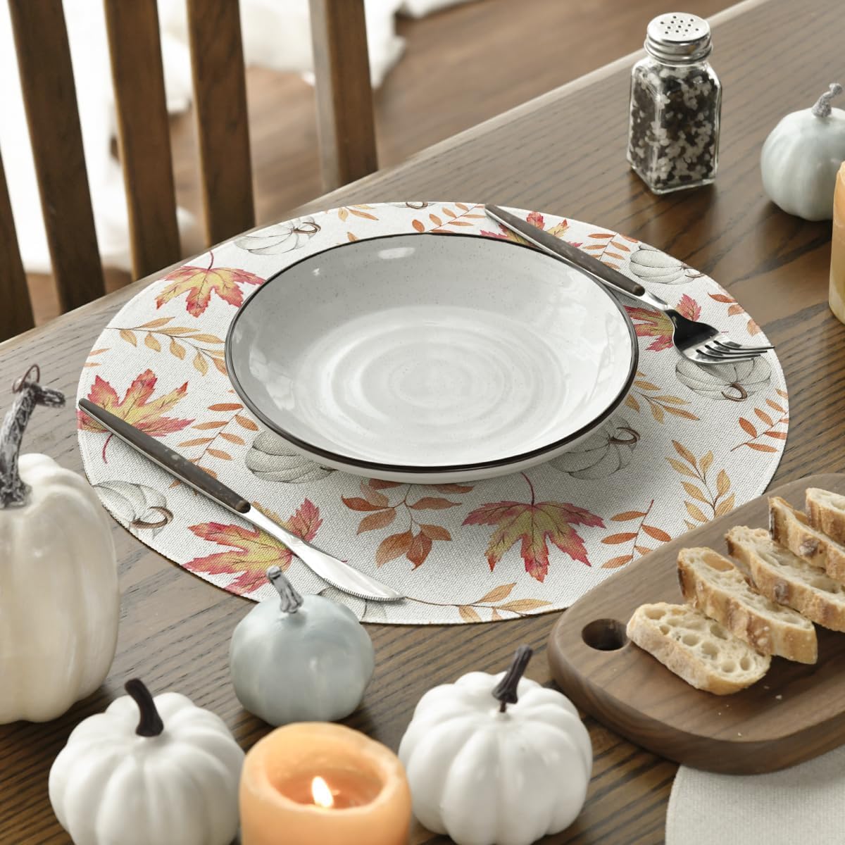 Artoid Mode Orange Pumpkins Fall Maple Leaves Round Fall Placemats Set of 4, 14 Inch Seasonal Autumn Round Table Mats for Dining Decoration