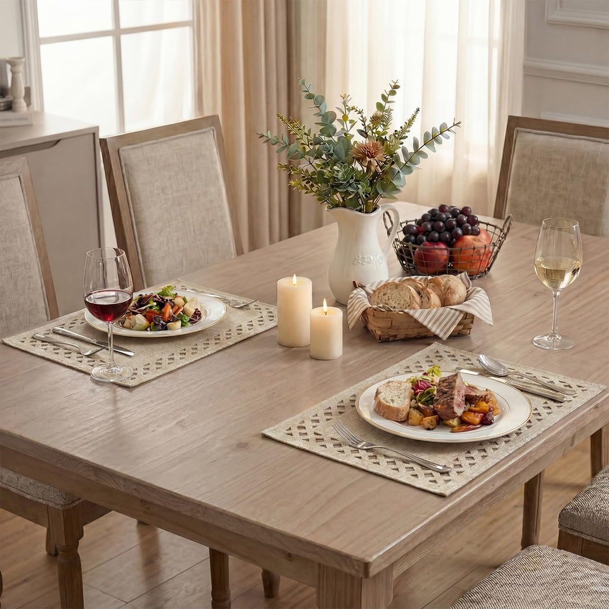 Artoid Mode Farmhouse Placemats Set of 6, Linen Textured Lattice Cutwork Fall Place Mats for Kitchen Dining Table Decor and Outdoor Party, 12 x 18 Inchs, Light Brown