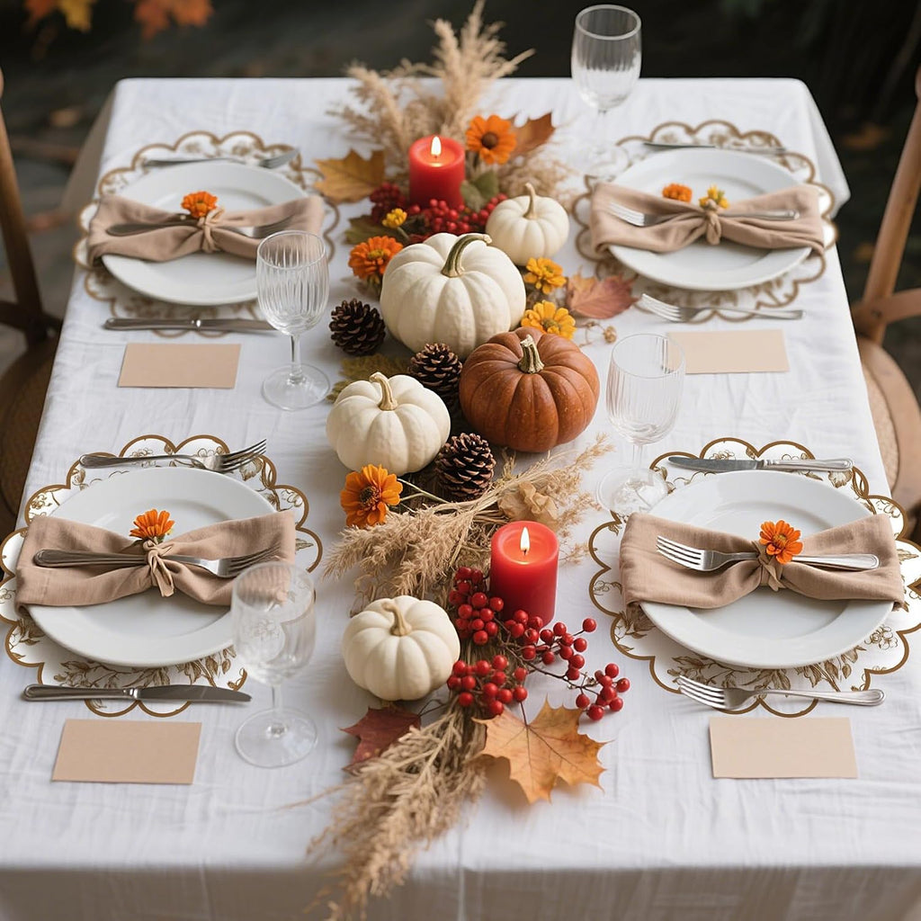 100 Pcs Fall Floral Paper Placemats 13.5 Inches Scalloped Brown Floral Paper Placemats Disposable Autumn Wildflower Place Mats for Wedding Bridal Baby Shower Thanksgiving Harvest Party Supplies