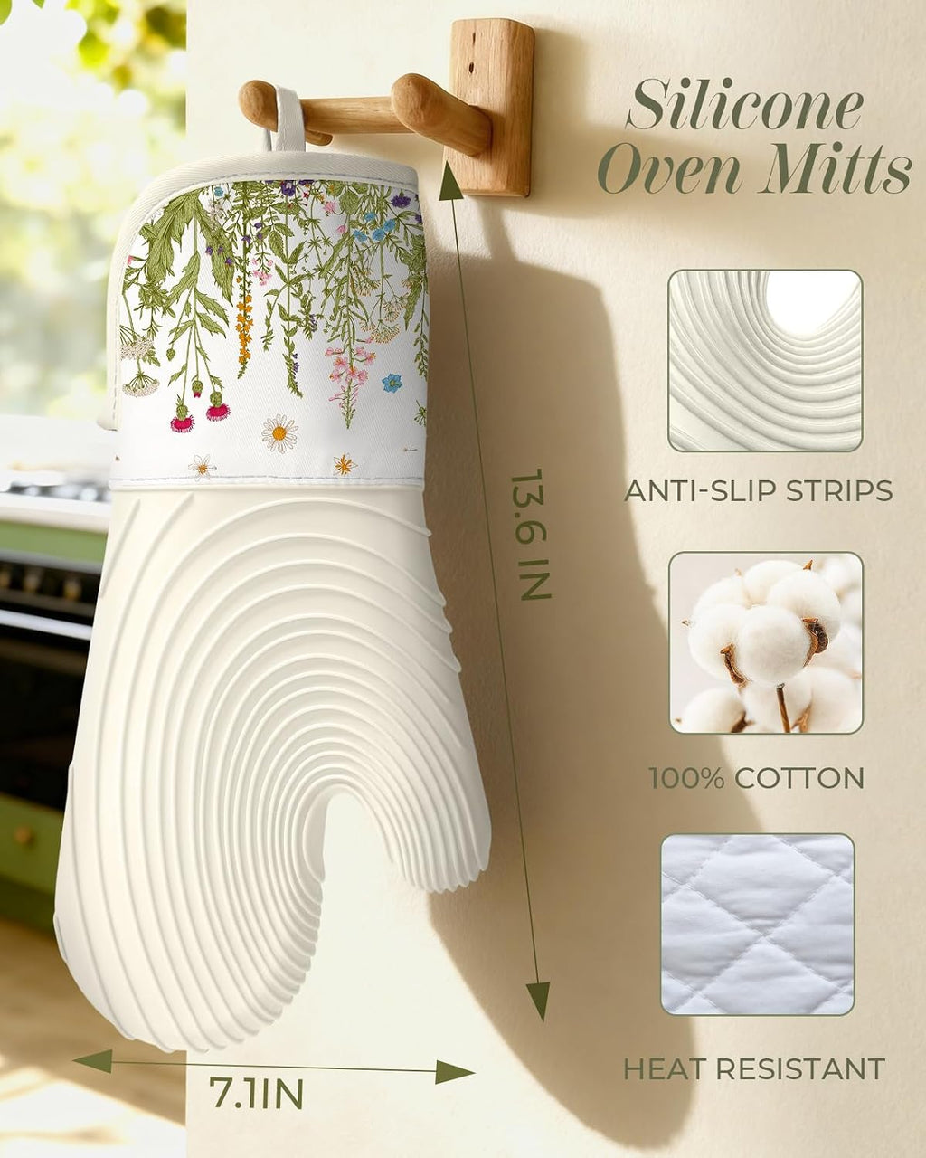 Slohif Long Silicone Oven Mitts Heat Resistant for Women - 2 Pcs Flowers 100% Cotton Oven Gloves, Non-Slip and Waterproof Silicone Oven Mitts with Hanger for Baking and Cooking