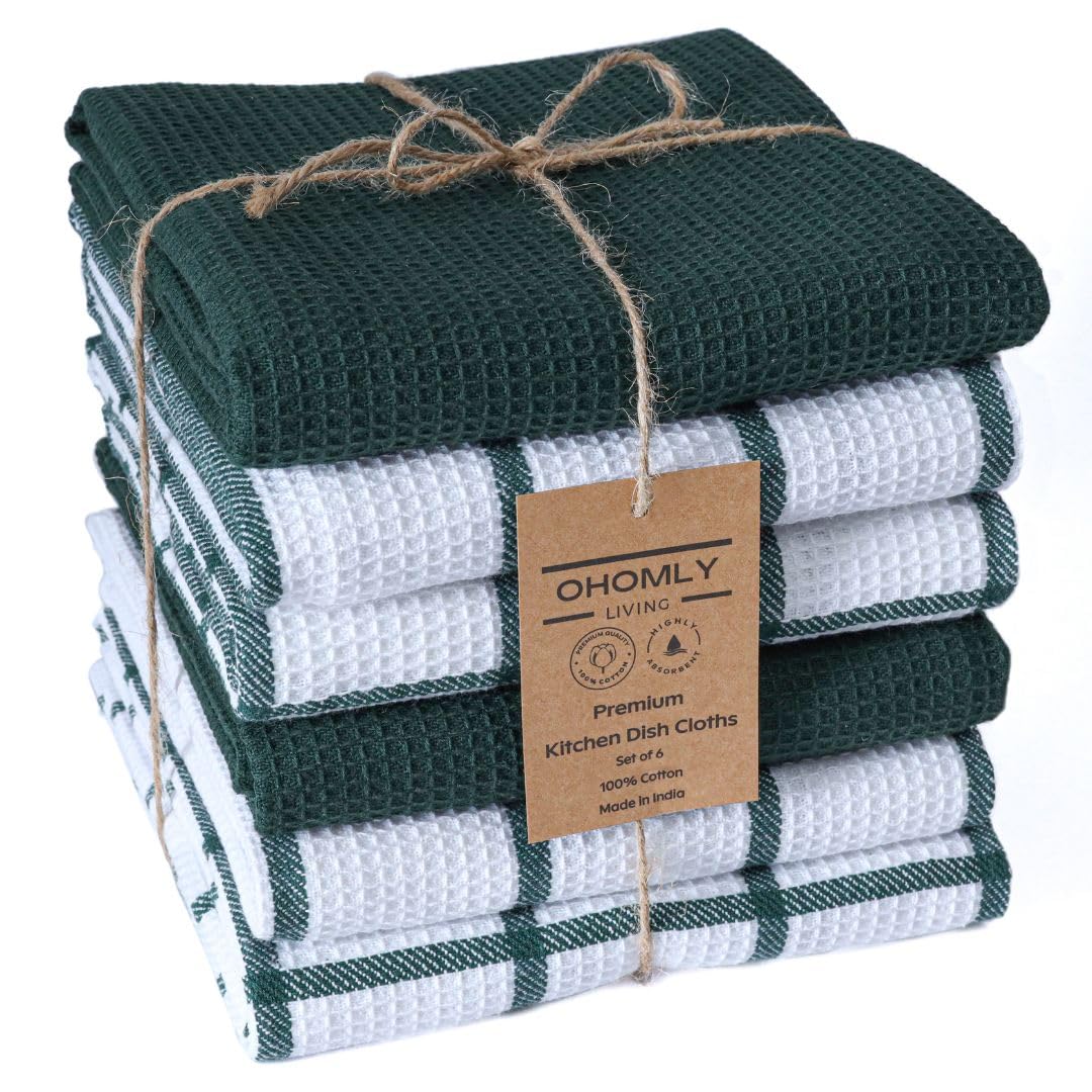 Assorted Waffle Kitchen Towels 100% Cotton Set of 6 - Heavy Duty 320 GSM Quality Dish Cloths Towel - Soft Absorbent Washable for Kitchen Use - Quick Drying Dish Towel 16x26 inch Grey