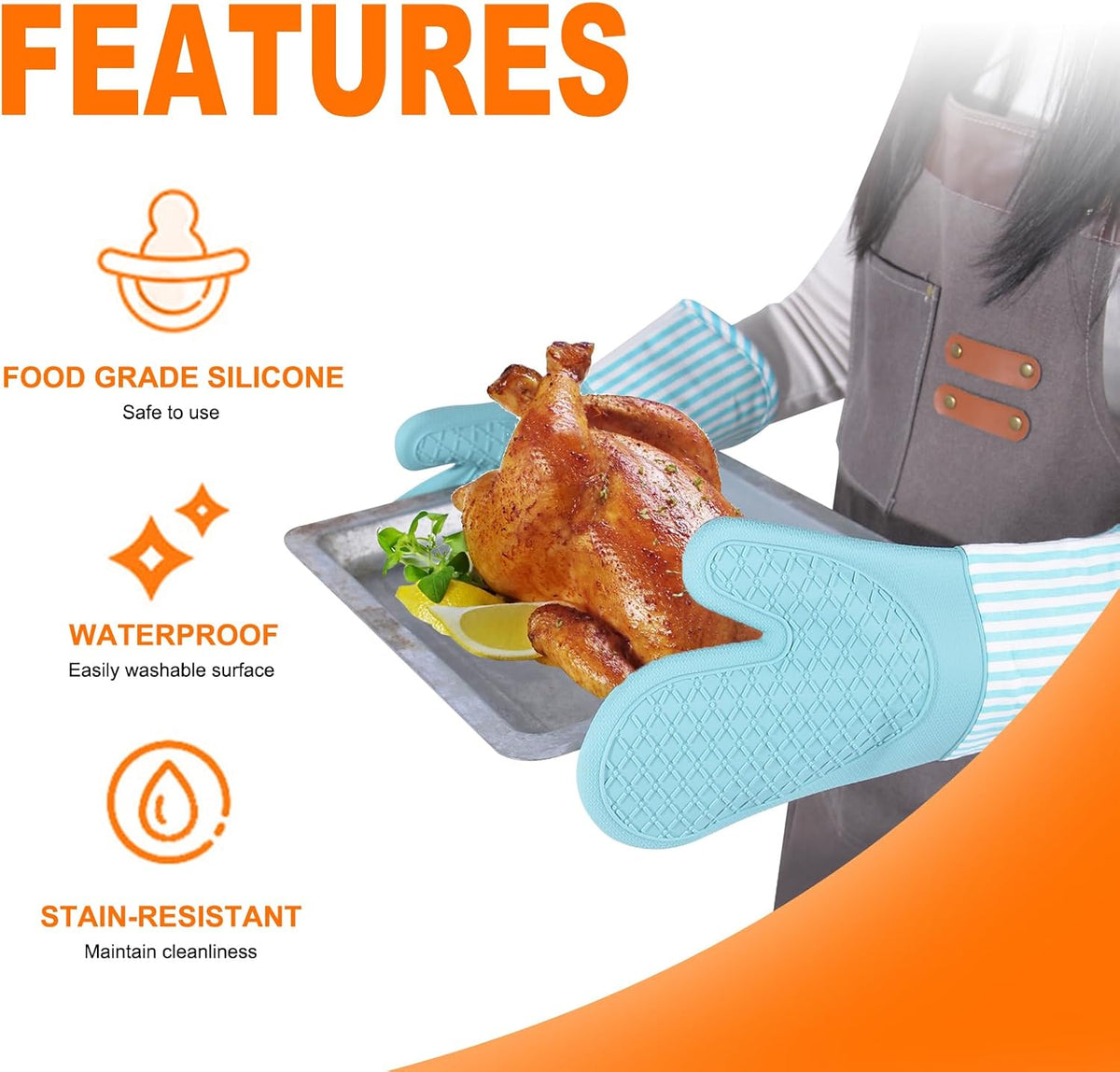 Silicone Oven Mitts, Heat Resistant Oven Gloves with Quilted Liner, Waterproof & Non-Slip Kitchen Mittens for Baking Cooking BBQ, 500°F, 13.5"-Nordic Blue