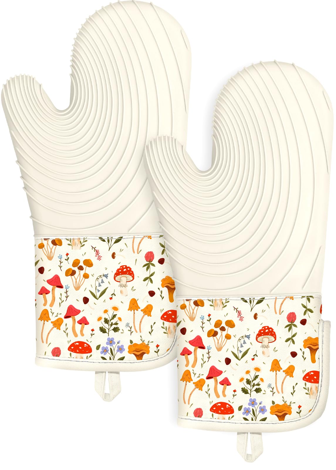 Slohif Long Silicone Oven Mitts Heat Resistant for Women - 2 Pcs Flowers 100% Cotton Oven Gloves, Non-Slip and Waterproof Silicone Oven Mitts with Hanger for Baking and Cooking