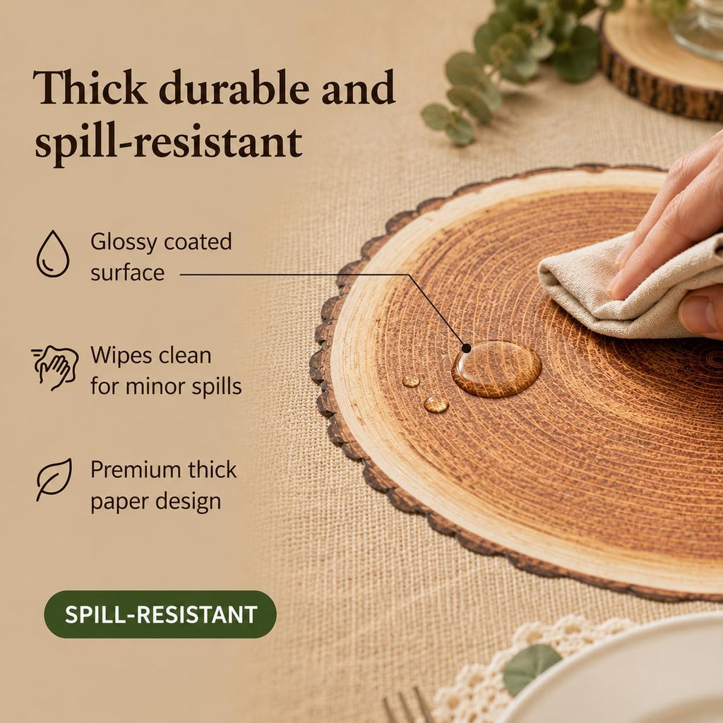 100 Rustic Wood Slice Paper Placemats 13.5 Inch Round Disposable Mats