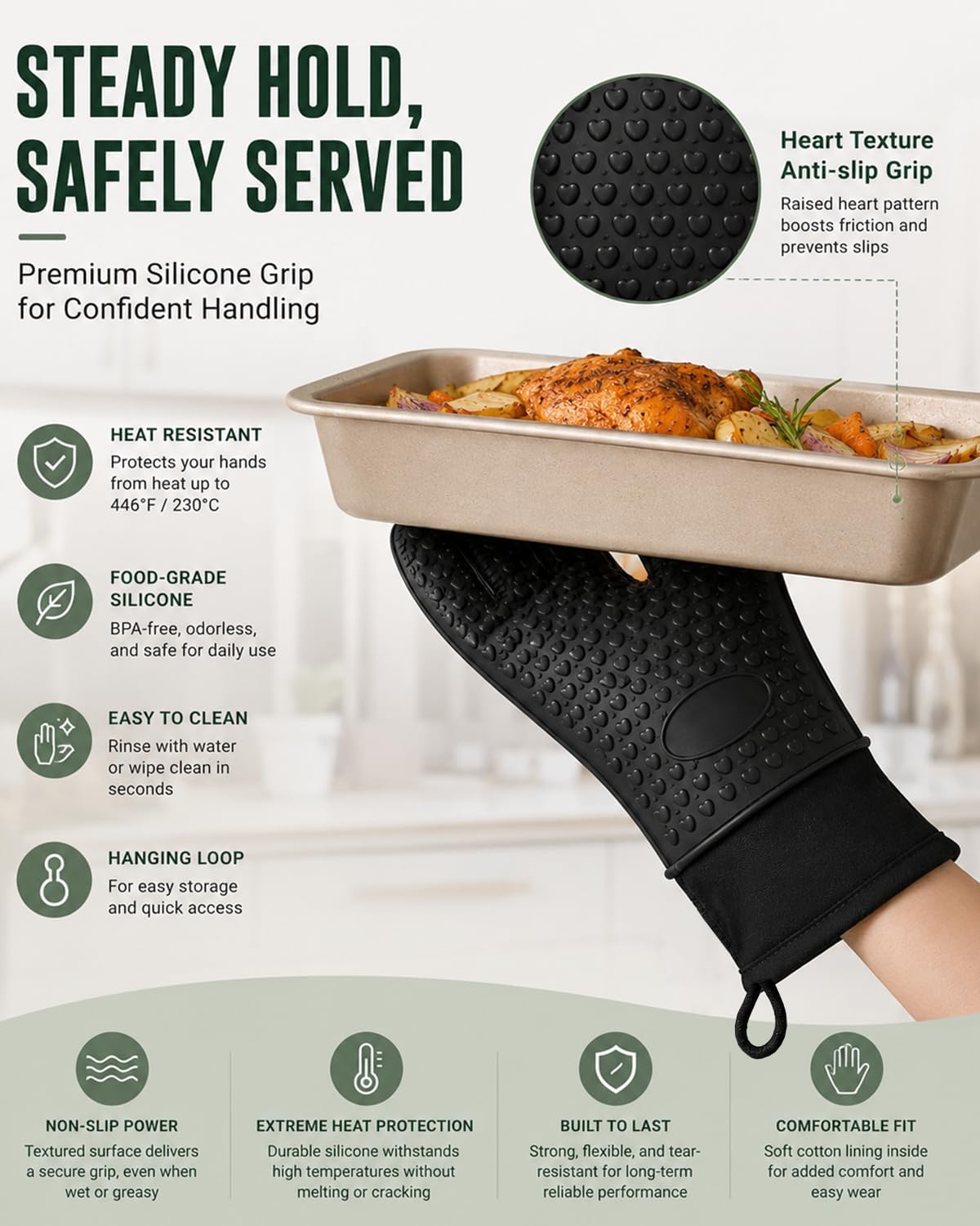 Silicone Oven Mitts with Fingers, 13.6" Oven Gloves for Baking, Cooking