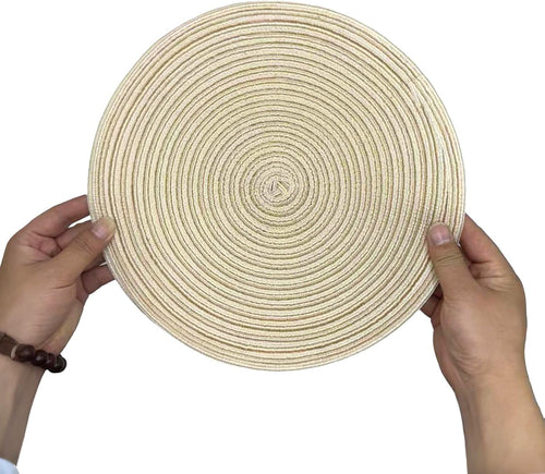 12 Inch Round Braided Placemats Set of 4,Washable Heat Resistant Cotton Polyester Circle Place Mats for Kitchen Dinner Party Table Decoration,Suitable for Plates Under 10 inches(Beige Medium Size)