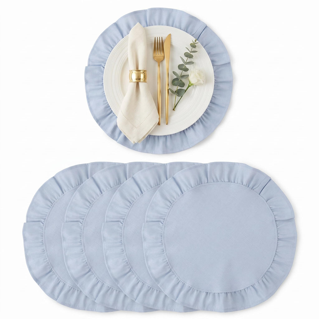 Round Ruffled Linen Blend Placemats, 15 Inch Scalloped Table Mats, Set of 4
