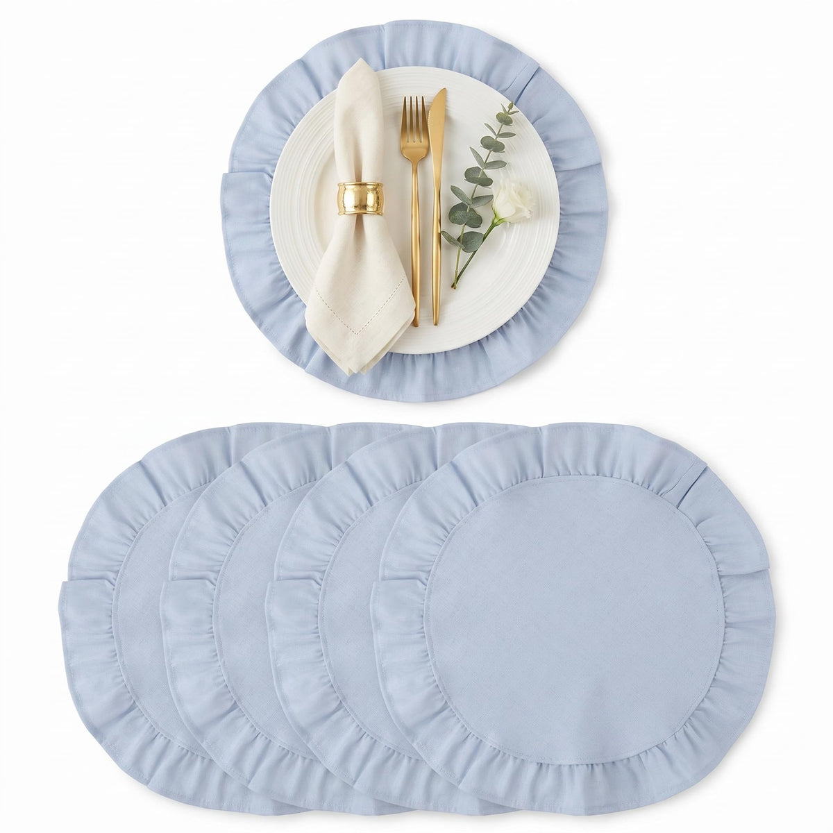 Round Ruffled Linen Blend Placemats, 15 Inch Scalloped Table Mats, Set of 4