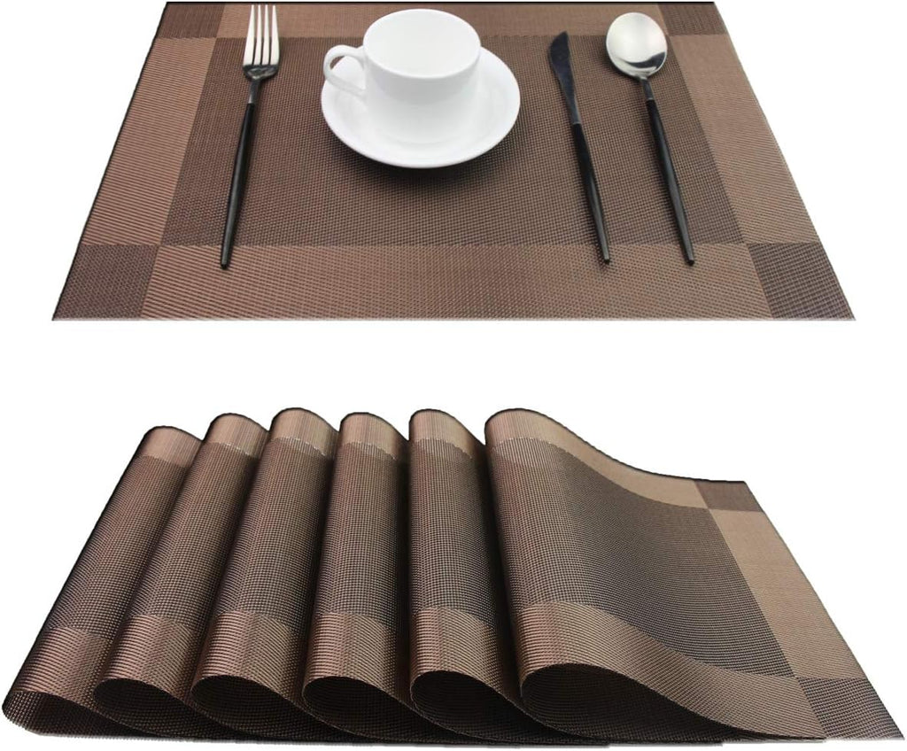 PIGCHCY Place Mats Heat-Resistant Non Slip Placemats Easy Wipe Clean Table Mats Woven Vinyl Placemats for Dining Table(Set of 6, Brown)