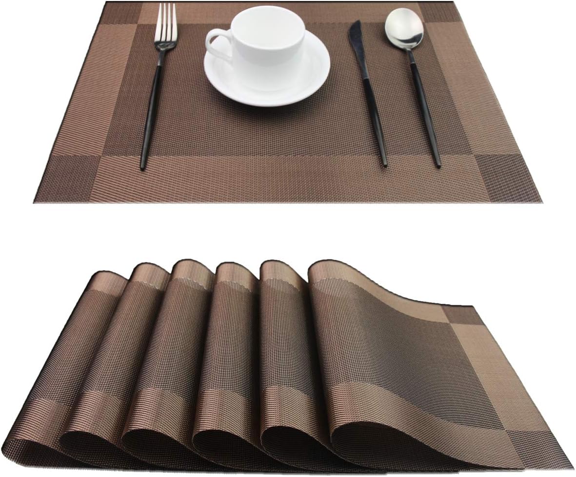 PIGCHCY Place Mats Heat-Resistant Non Slip Placemats Easy Wipe Clean Table Mats Woven Vinyl Placemats for Dining Table(Set of 6, Brown)
